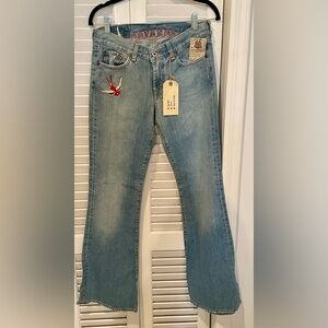 Lucky Brand Light Blue Flare Jeans with Red Embroidery